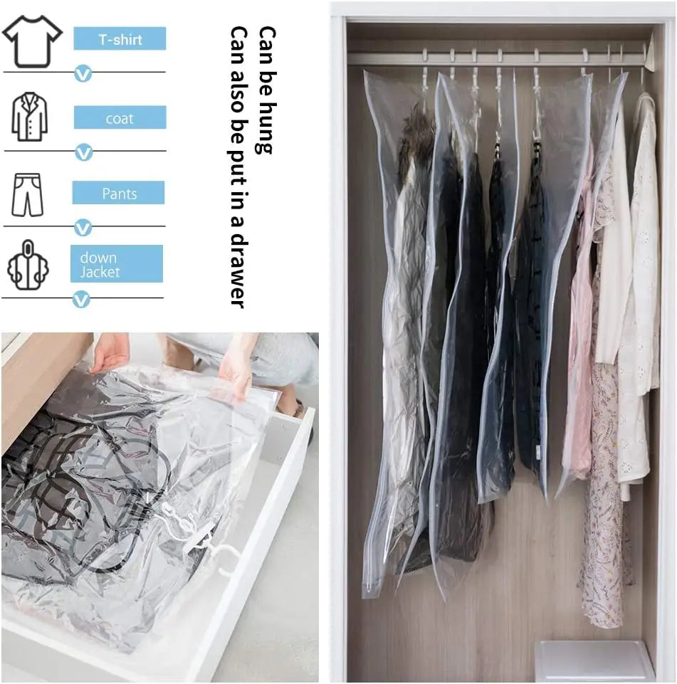 Hanging Vacuum Storage Bag Seal Storage Clothing Bags for Suits, Dress Coats or Jackets, Closet Organizer